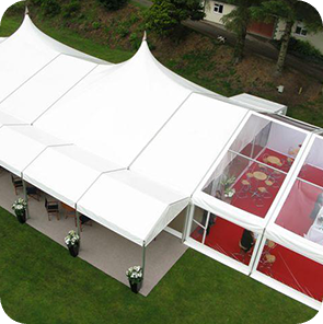 Marquee with high peak roofs and clear roofs