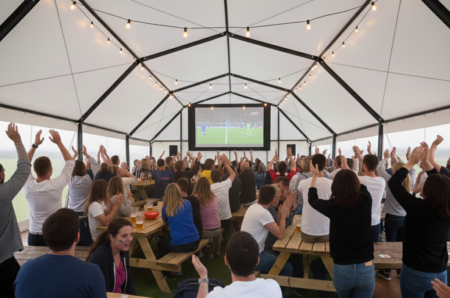 Polygon hoecker marquee with big screen for sporting events