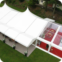 Marquee with high peak roofs and clear roofs